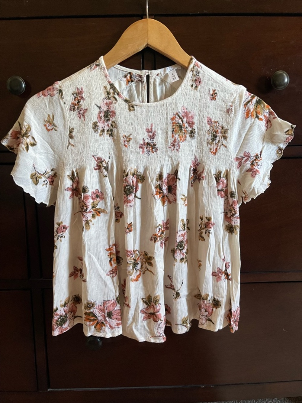 bp Cream Floral Smocked Short Sleeve Blouse